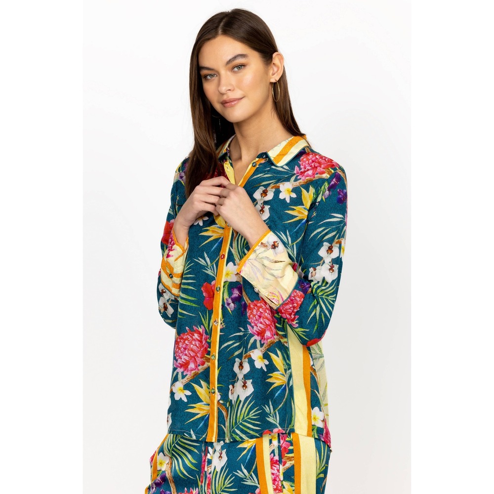 Johnny Was Tropical NYX Floral Silk Button Down Shirt Teal XL w FREE Tote Bag